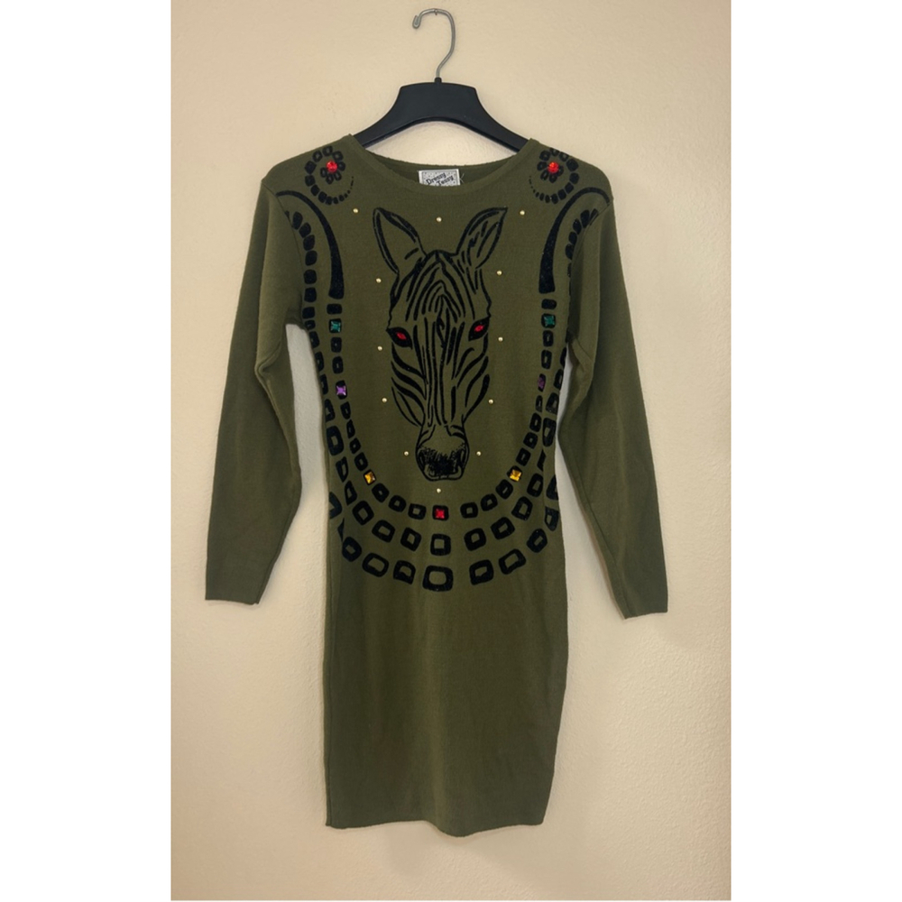 Vintage 80s Dressy Tessy Size S Sweater Dress Jeweled Zebra Art Deco Body Con